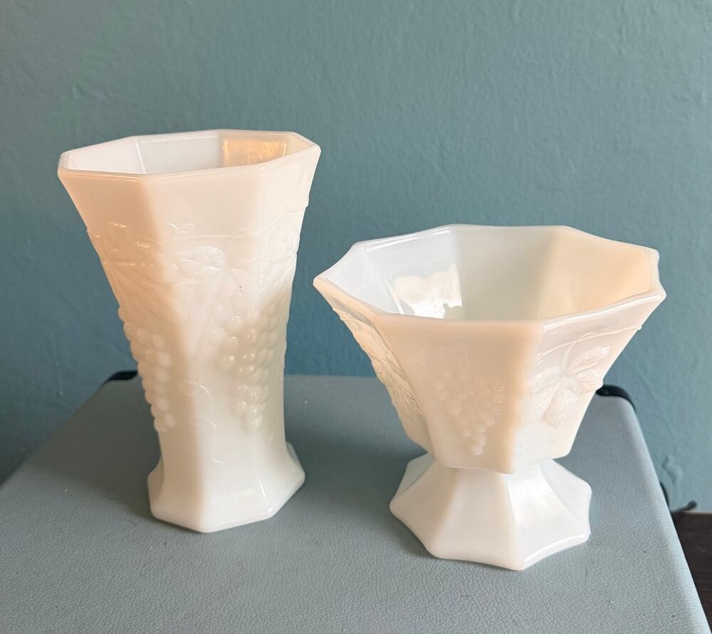 Vintage Anchor Hocking Milk Glass Harvest Grape Vase and Pedestal Bowl Set MCM